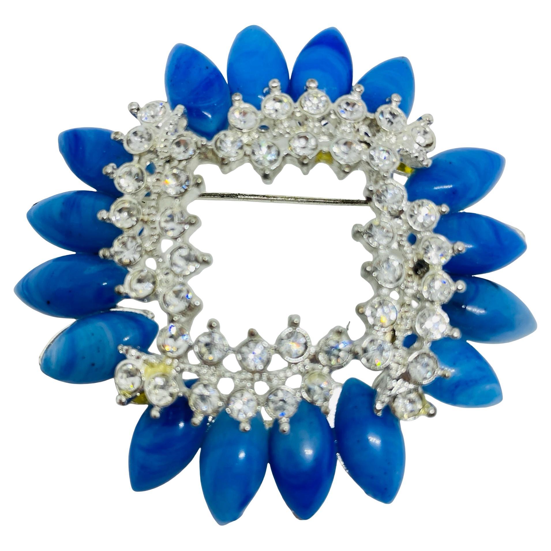 Vintage silver tone blue glass rhinestones designer brooch
