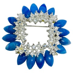 Vintage silver tone blue glass rhinestones designer brooch