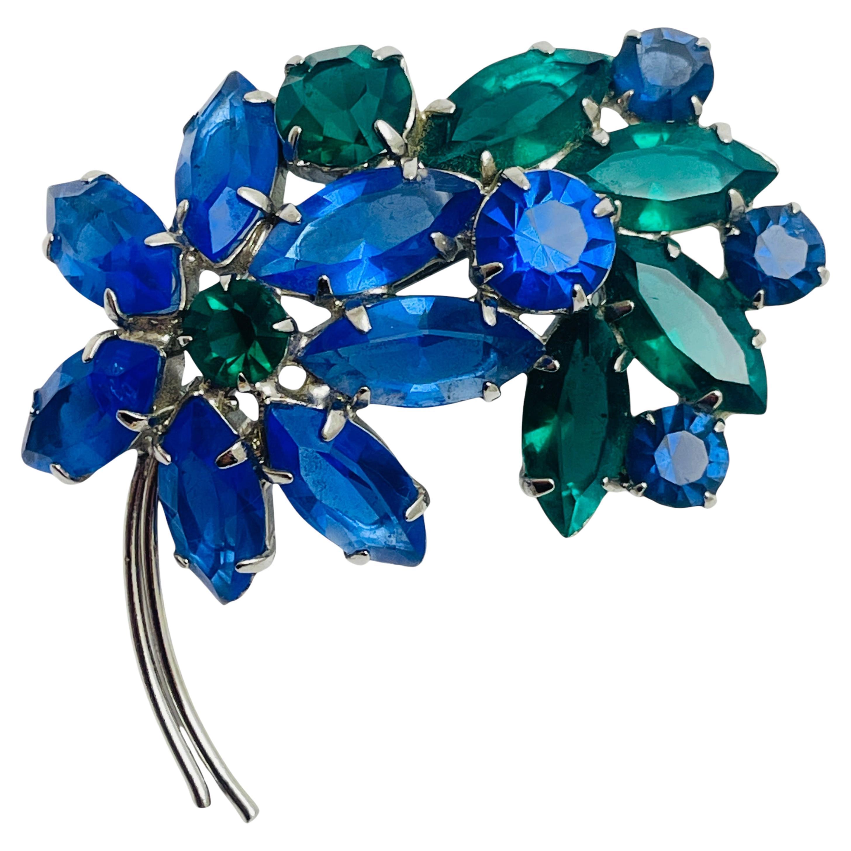 Vintage silver tone blue green rhinestones flower designer brooch