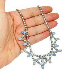 Vintage silver tone blue milk glass rhinestones designer necklace 1950's