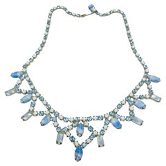 Vintage silver tone blue milk glass rhinestones designer necklace 1950's