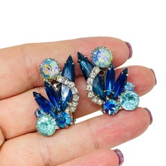 Vintage silver tone blue navette ab glass clip on earrings