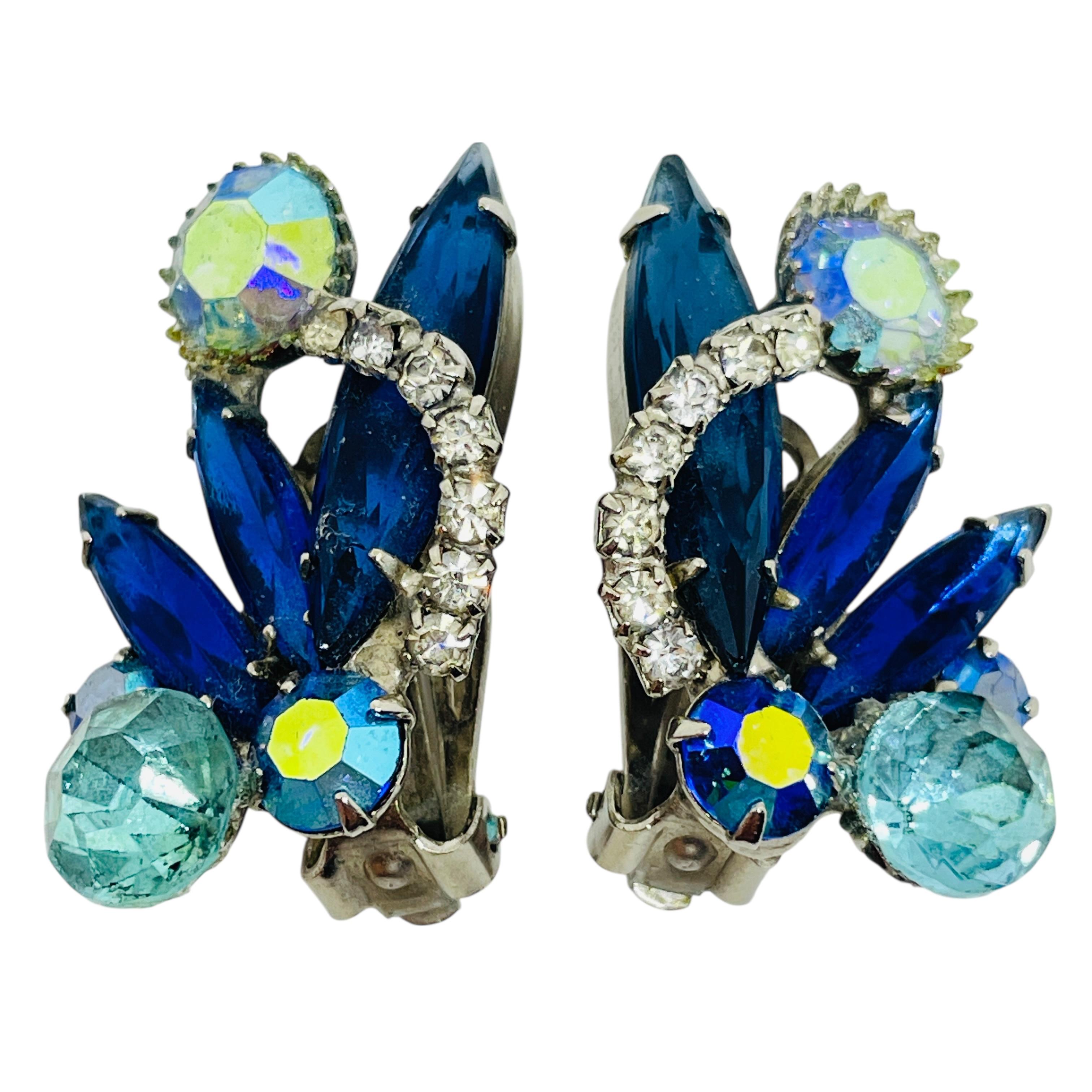 Vintage Silber Ton blau Navette ab Glas Clip auf Ohrringe im Angebot 1