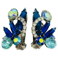 Vintage silver tone blue navette ab glass clip on earrings