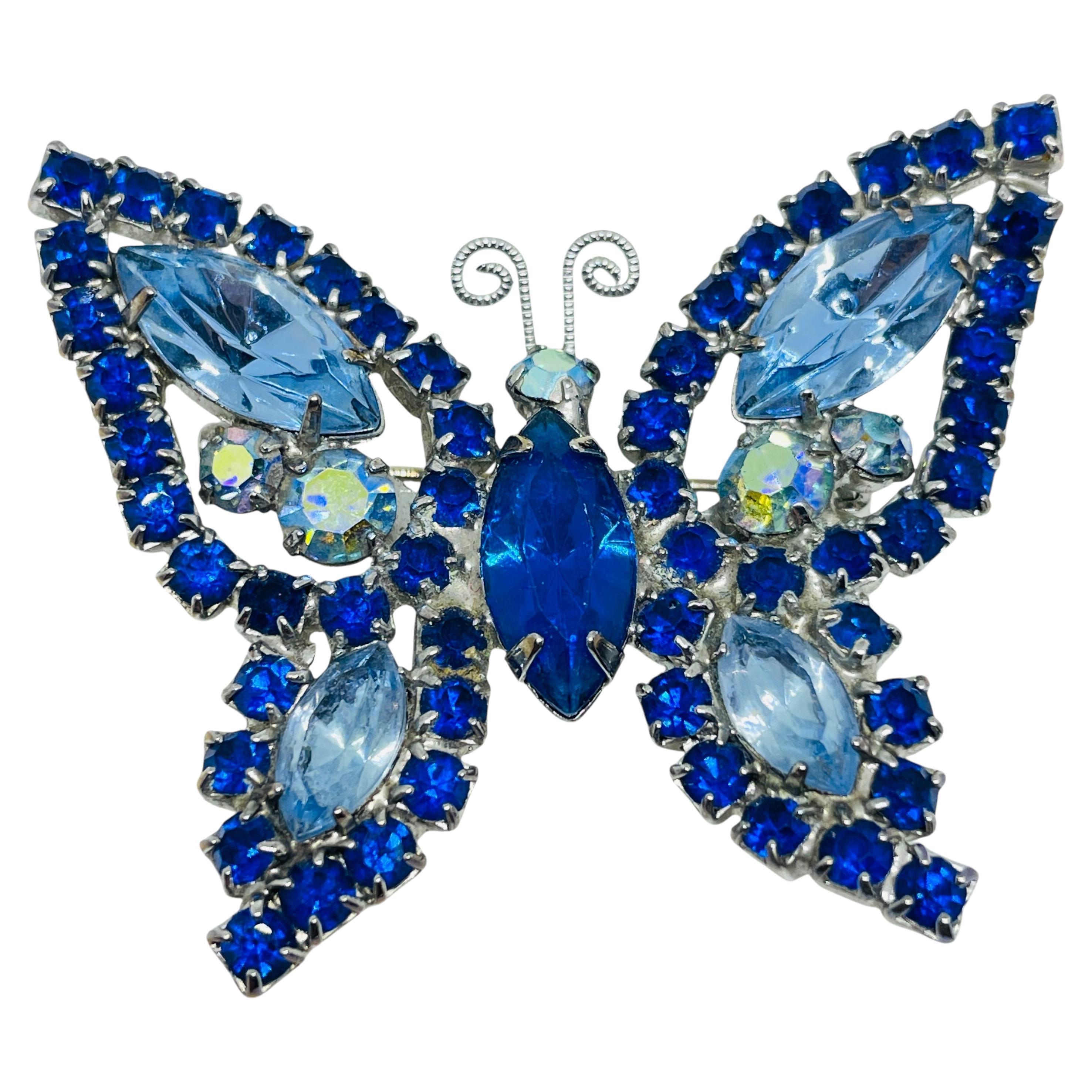 Broche Vintage Silver tone blue rhinestone butterfly designer brooch