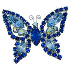 Vintage Silber Ton blau Strass Schmetterling Designer Brosche