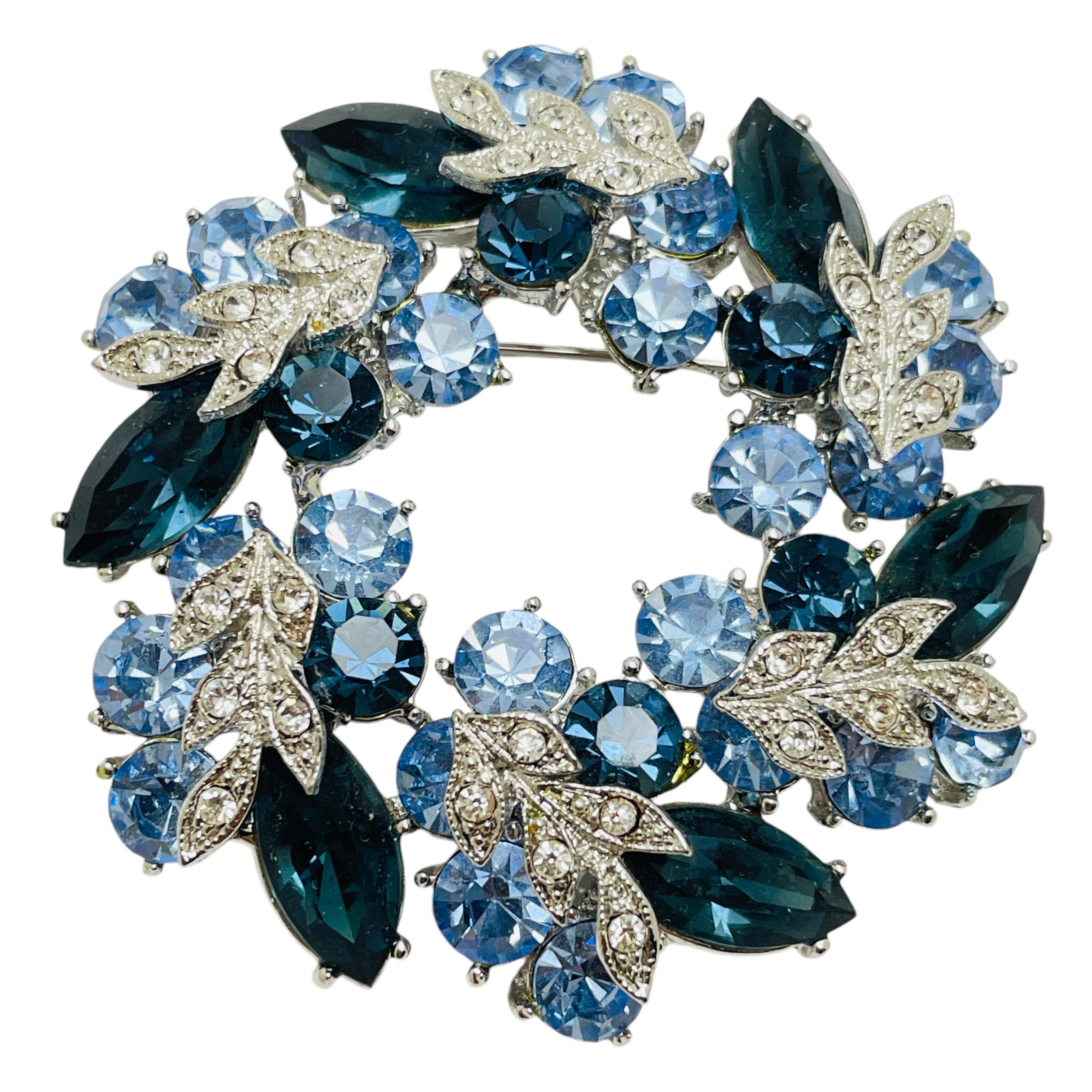 Vintage silver tone blue rhinestone wreath designer brooch