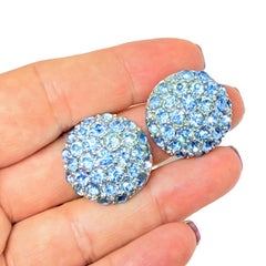 Vintage silver tone blue rhinestones designer clip on earrings