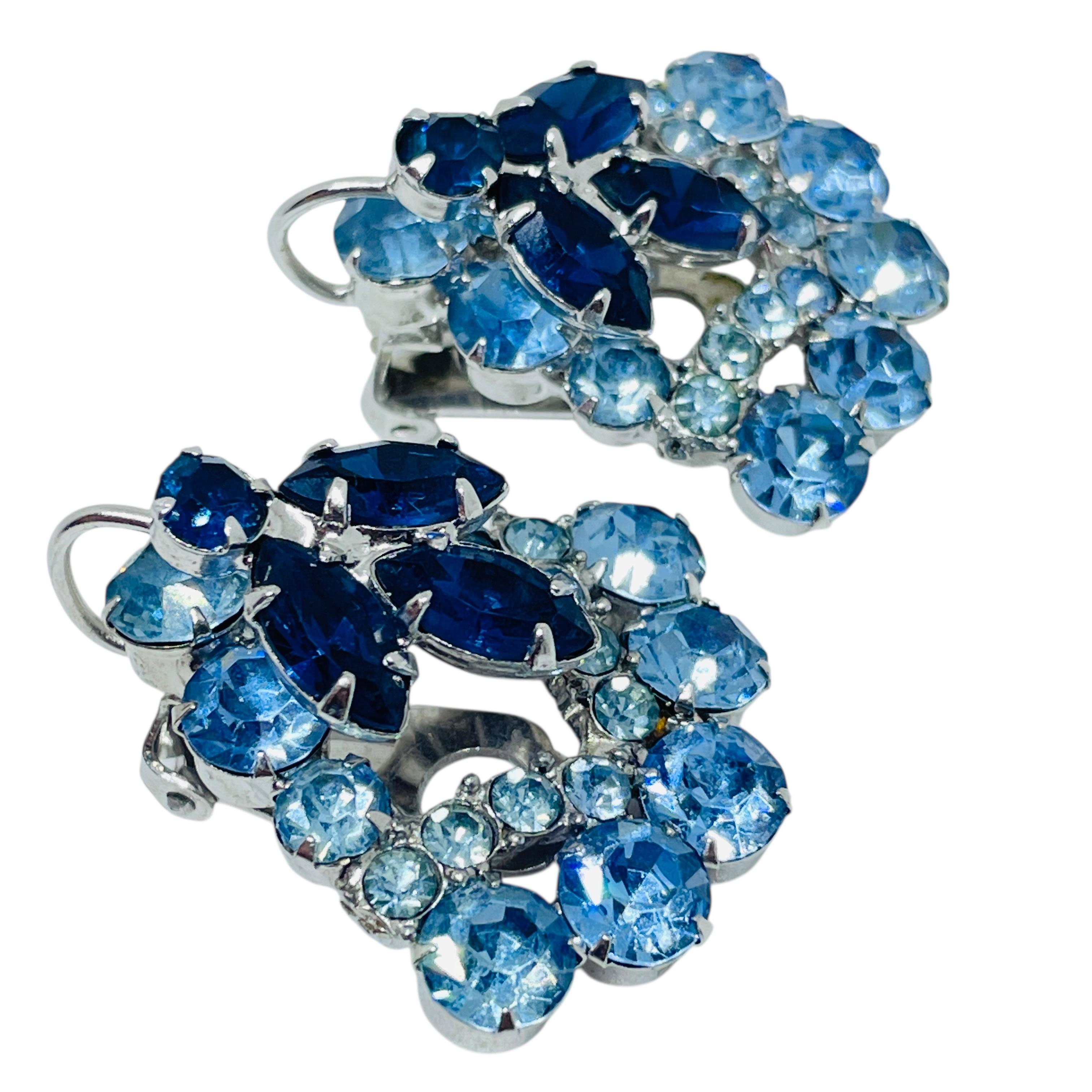 Vintage Silber Ton blau Saphir Glas Clip auf Ohrringe im Angebot 1