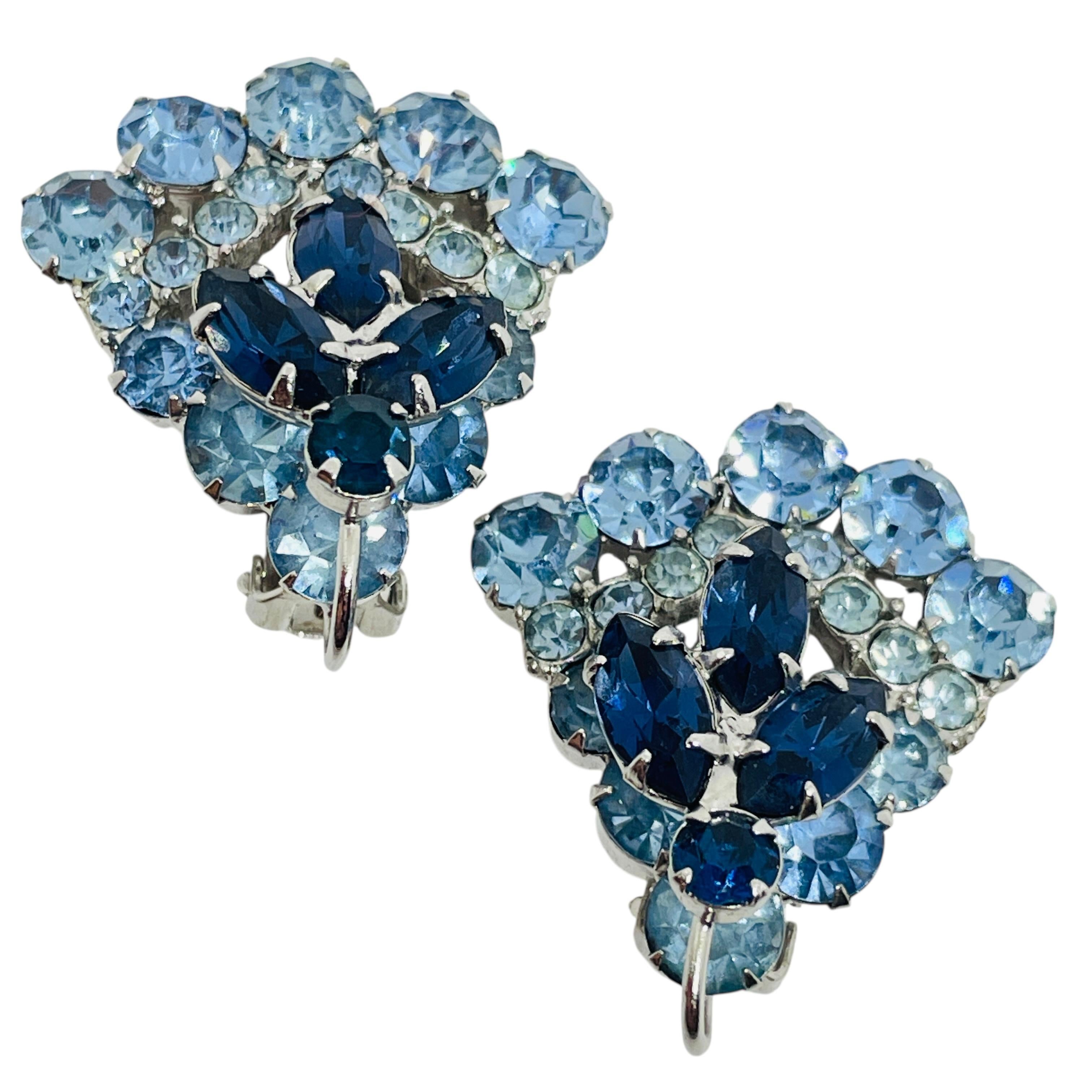 Vintage Silber Ton blau Saphir Glas Clip auf Ohrringe im Angebot 2