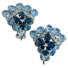 Vintage silver tone blue sapphire glass clip on earrings