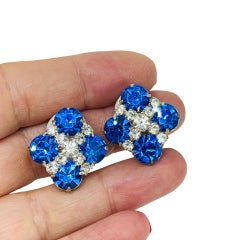 Vintage silver tone blue sapphire glass rhinestones designer clip on earrings
