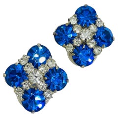 Vintage silver tone blue sapphire glass rhinestones designer clip on earrings