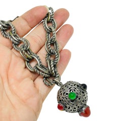 Vintage silver tone chain glass cabochons sputnik charm massive designe bracelet