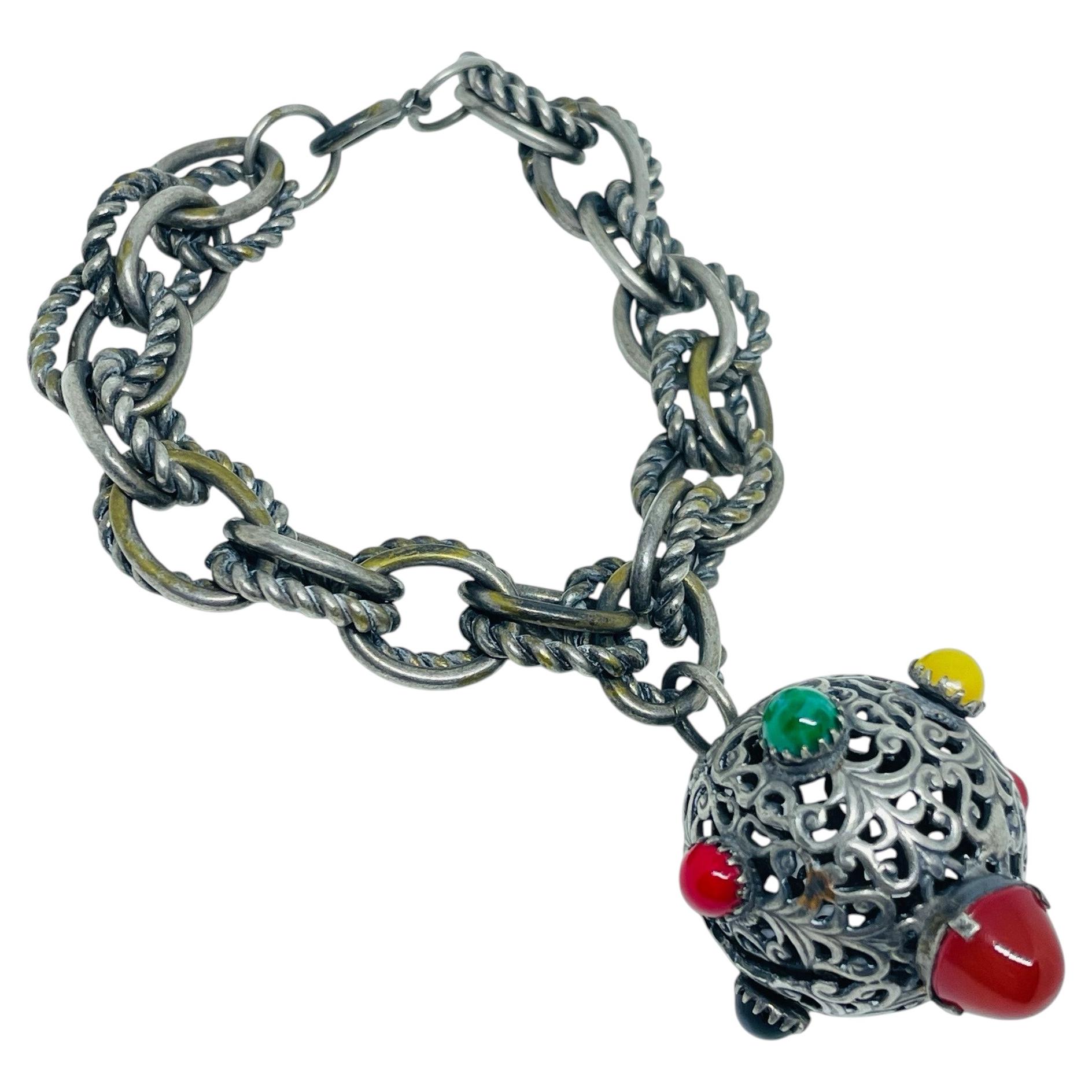 Vintage Silber Ton Kette Glas Cabochons Sputnik Charme massive Design-Armband im Angebot