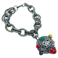Vintage silver tone chain glass cabochons sputnik charm massive designe bracelet