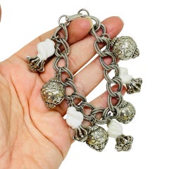 Vintage silver tone chain glass charms massive designer bracelet