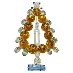 Vintage silver tone citrine blue glass Christmas tree designer brooch