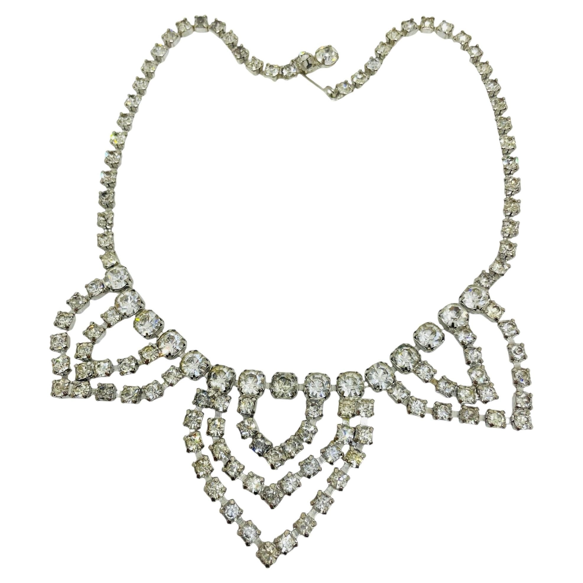 Vintage silver tone clear rhinestones designer necklace 1950's