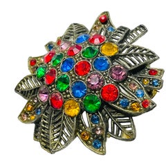 Vintage silver tone colorful rhinestones brooch