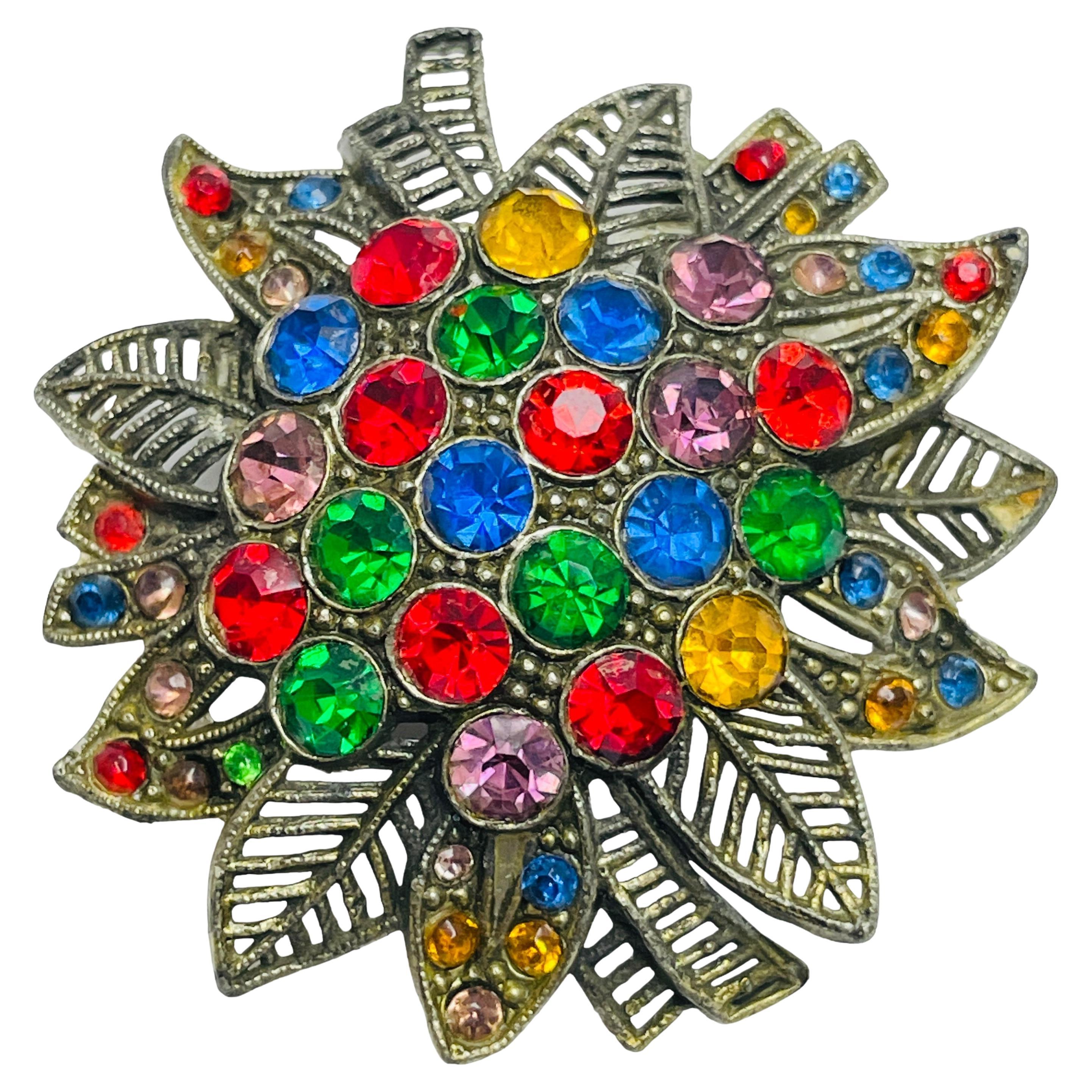 Vintage silver tone colorful rhinestones brooch