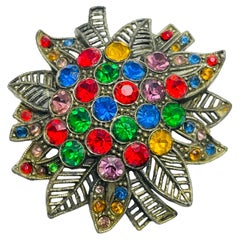 Vintage silver tone colorful rhinestones brooch