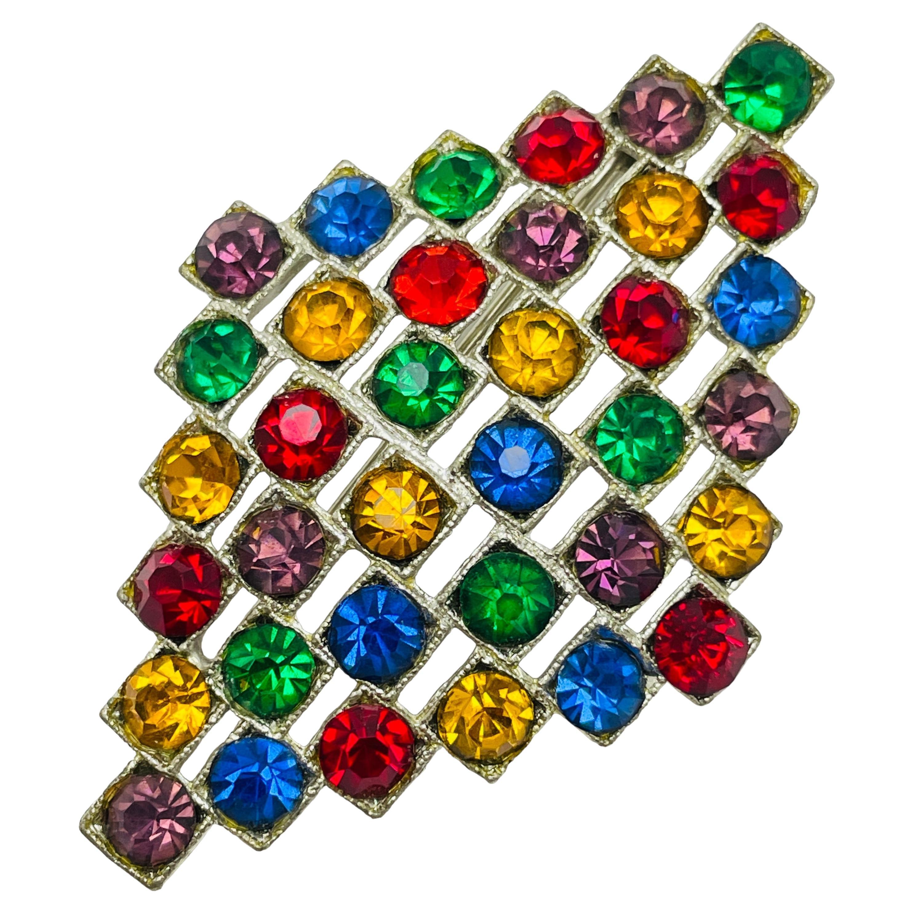 Vintage silver tone colorful rhinestones brooch