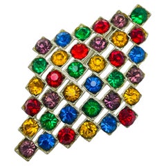 Vintage silver tone colorful rhinestones brooch