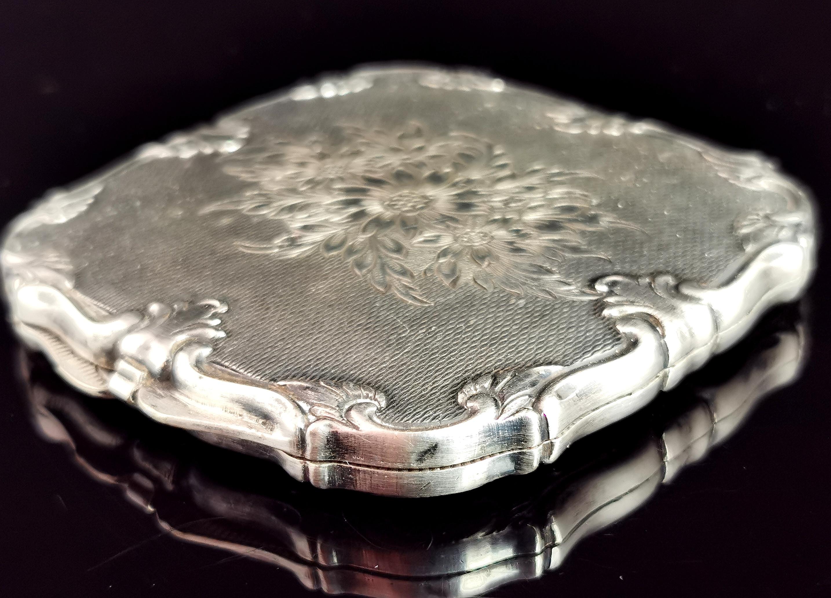 Vintage silver tone compact, mirror, Floral  1