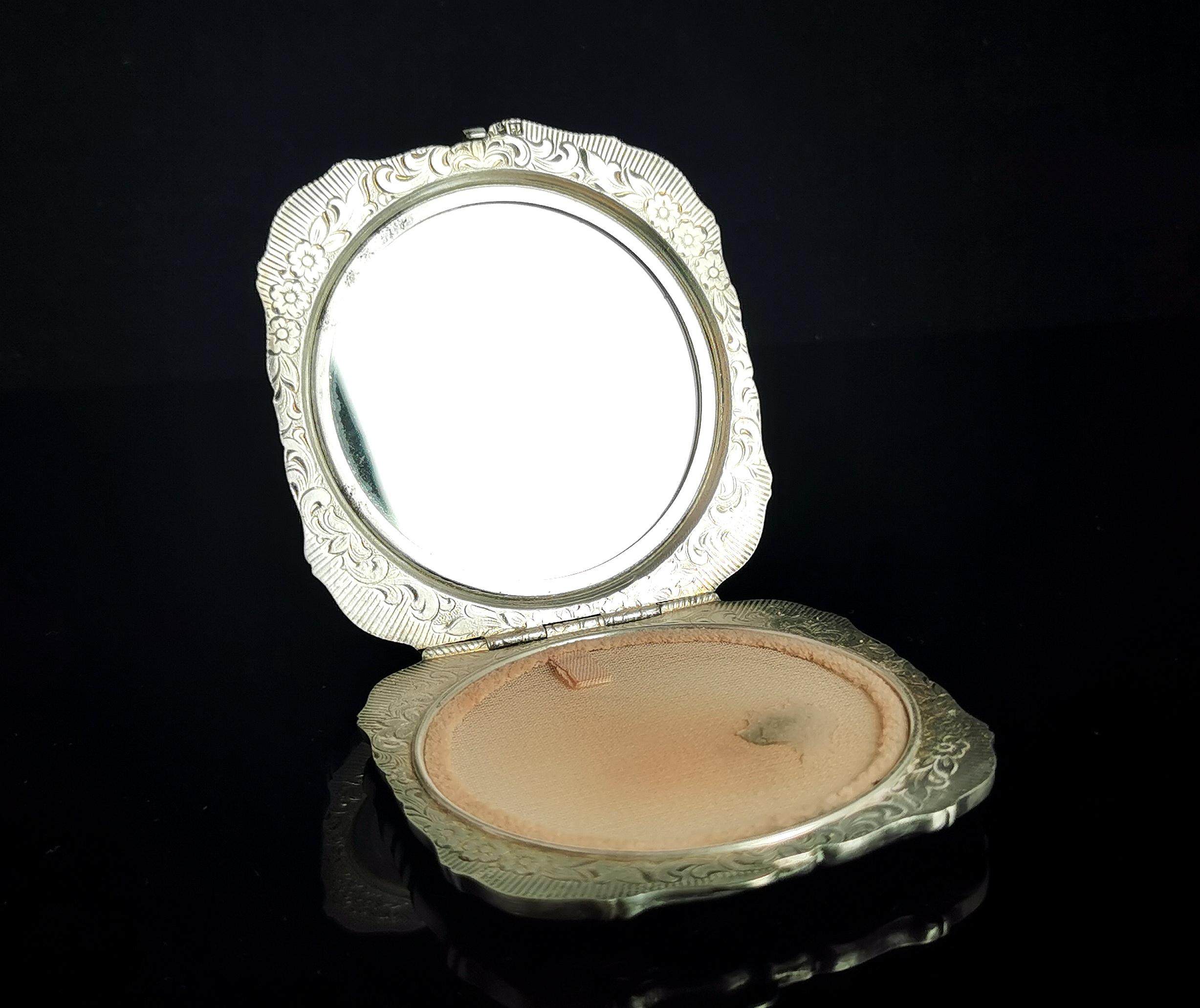 Vintage silver tone compact, mirror, Floral  2