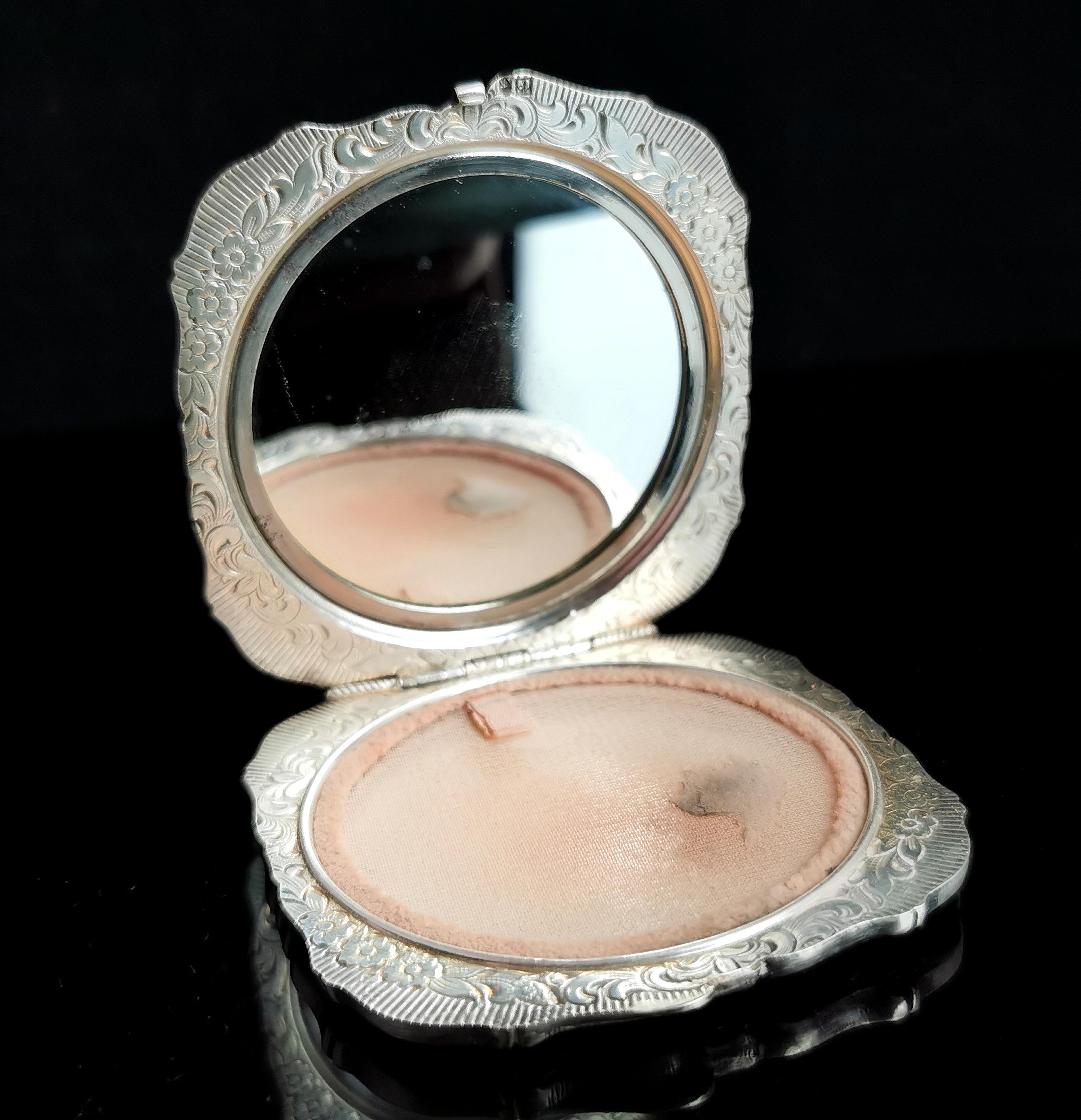 Vintage silver tone compact, mirror, Floral  3