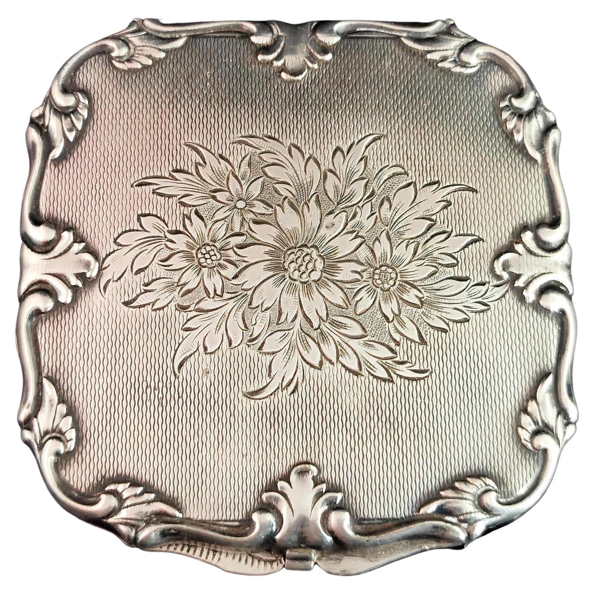 Vintage silver tone compact, mirror, Floral 