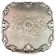 Vintage silver tone compact, mirror, Floral 