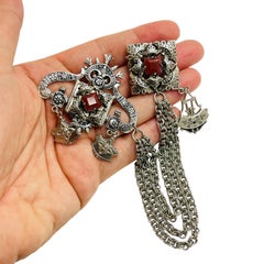 Vintage silver tone dangle chains glass stones fur double clip brooch
