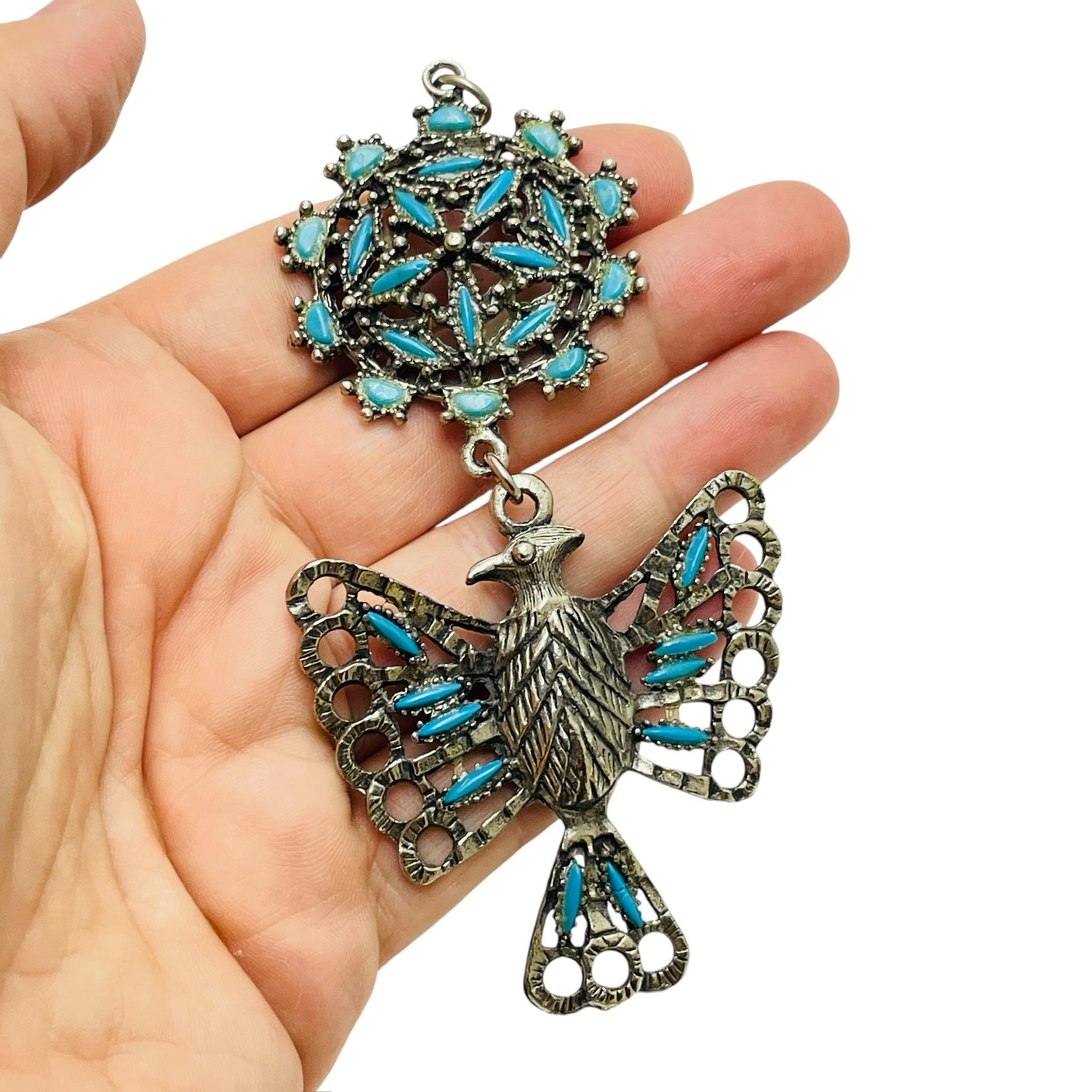 Women's Vintage silver tone eagle faux turquoise pendant necklace For Sale