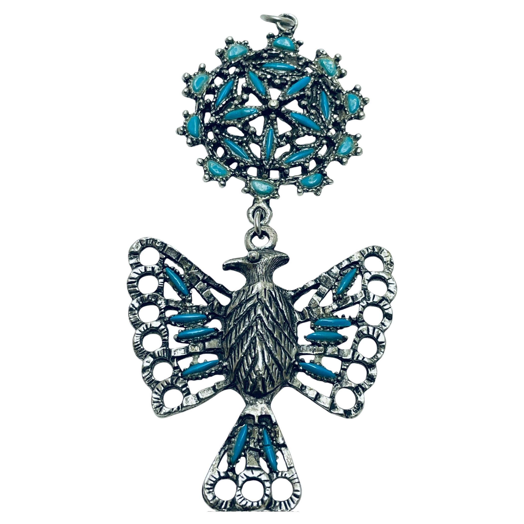 Vintage silver tone eagle faux turquoise pendant necklace