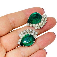Vintage silver tone emerald green glass clip on earrings