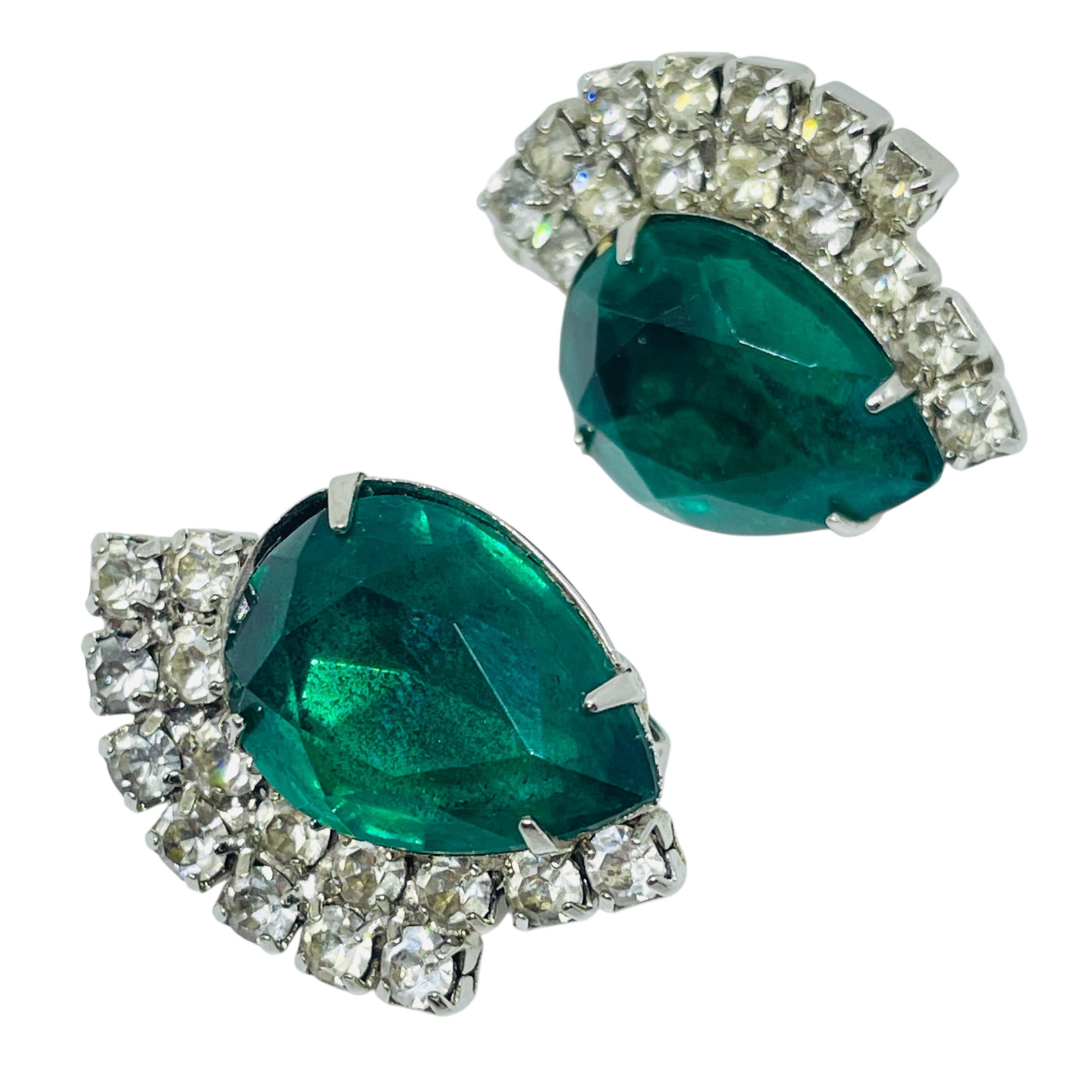 Vintage Silber Ton Smaragdgrün Clip auf Ohrringe für Damen oder Herren im Angebot