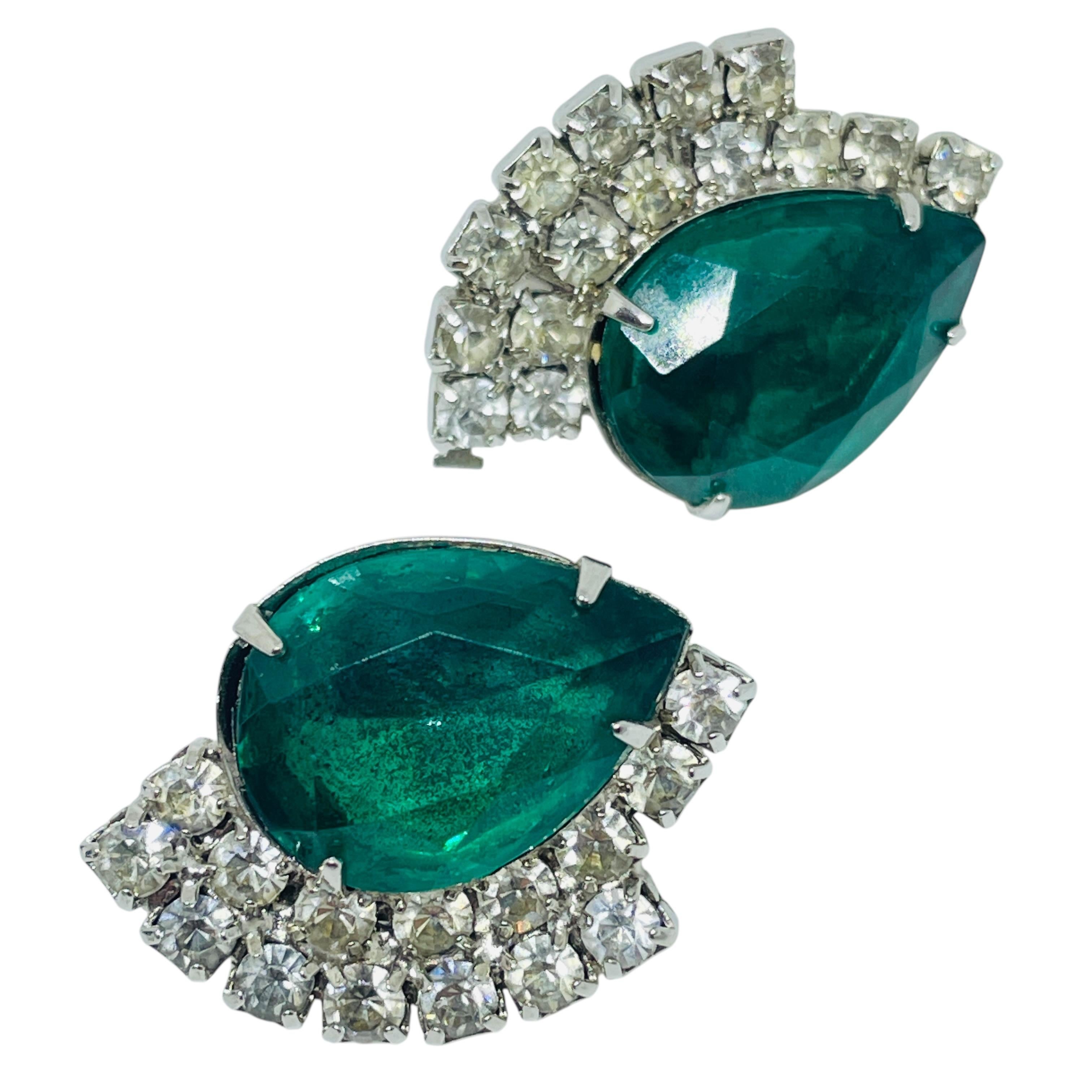 Vintage Silber Ton Smaragdgrün Clip auf Ohrringe im Angebot 1