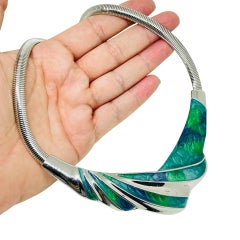 Vintage silver tone enamel omega chain designer choker necklace