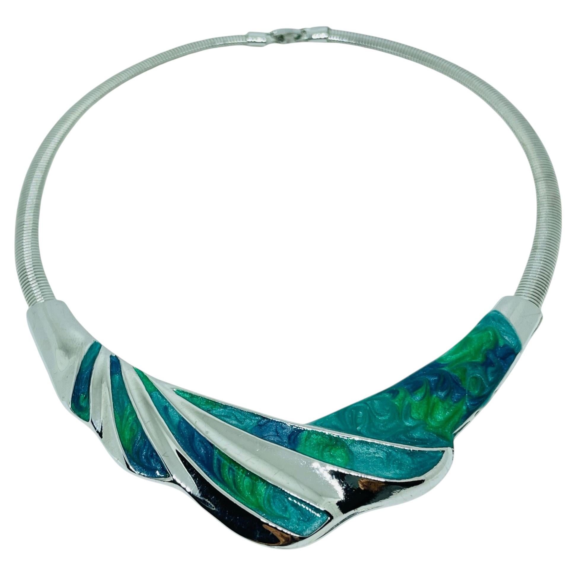Vintage silver tone enamel omega chain designer choker necklace