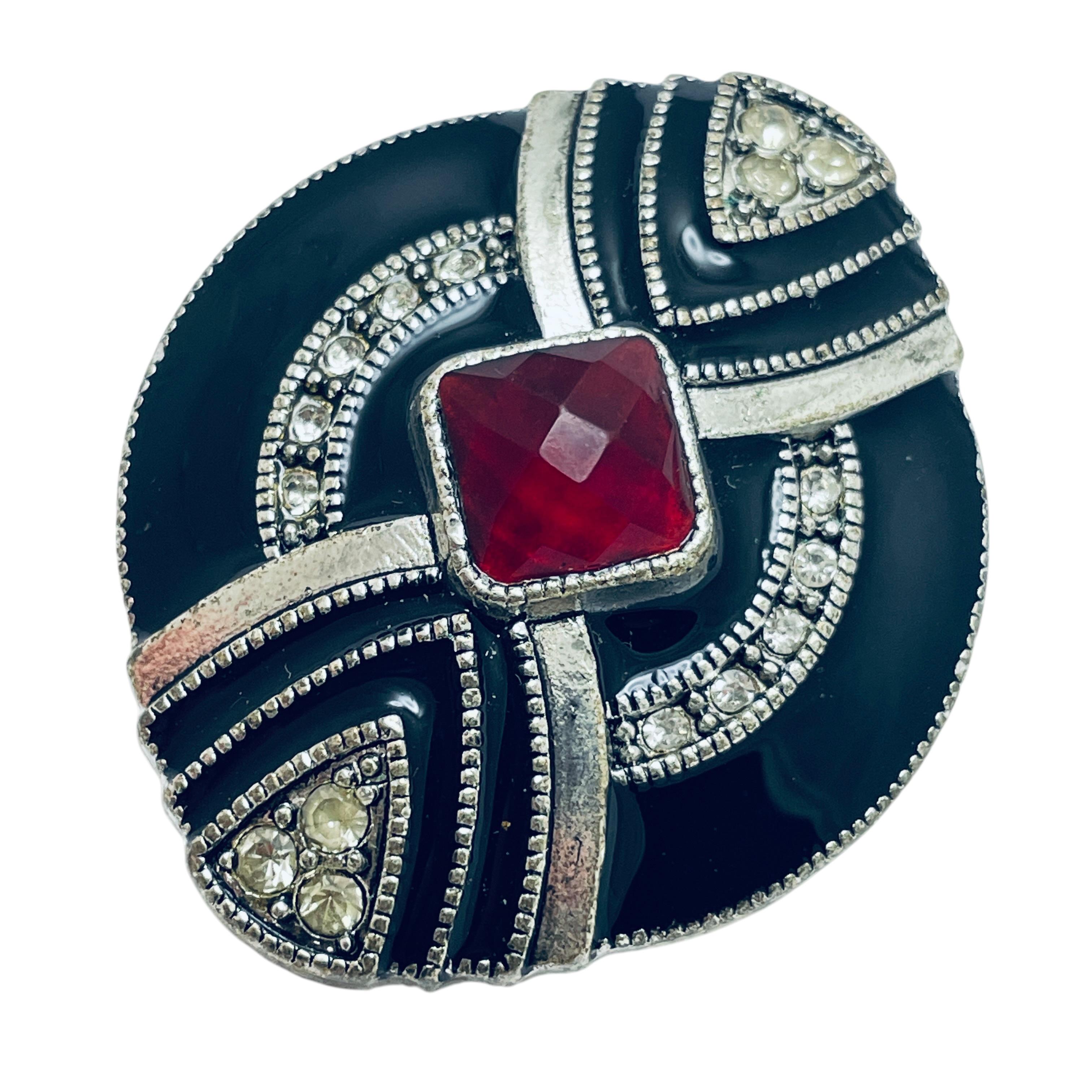Vintage silver tone enamel rhinestone art deco style designer brooch