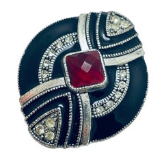 Vintage silver tone enamel rhinestone art deco style designer brooch
