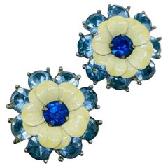 Orecchini a clip d'epoca in argento con fiori smaltati e strass di design