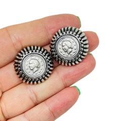 Vintage silver tone Etruscan coin designer clip on earrings