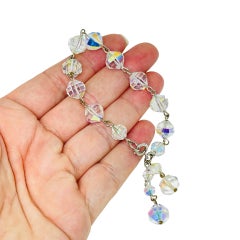 Vintage silver tone faceted aurora borealis crystal glass beaded bracelet