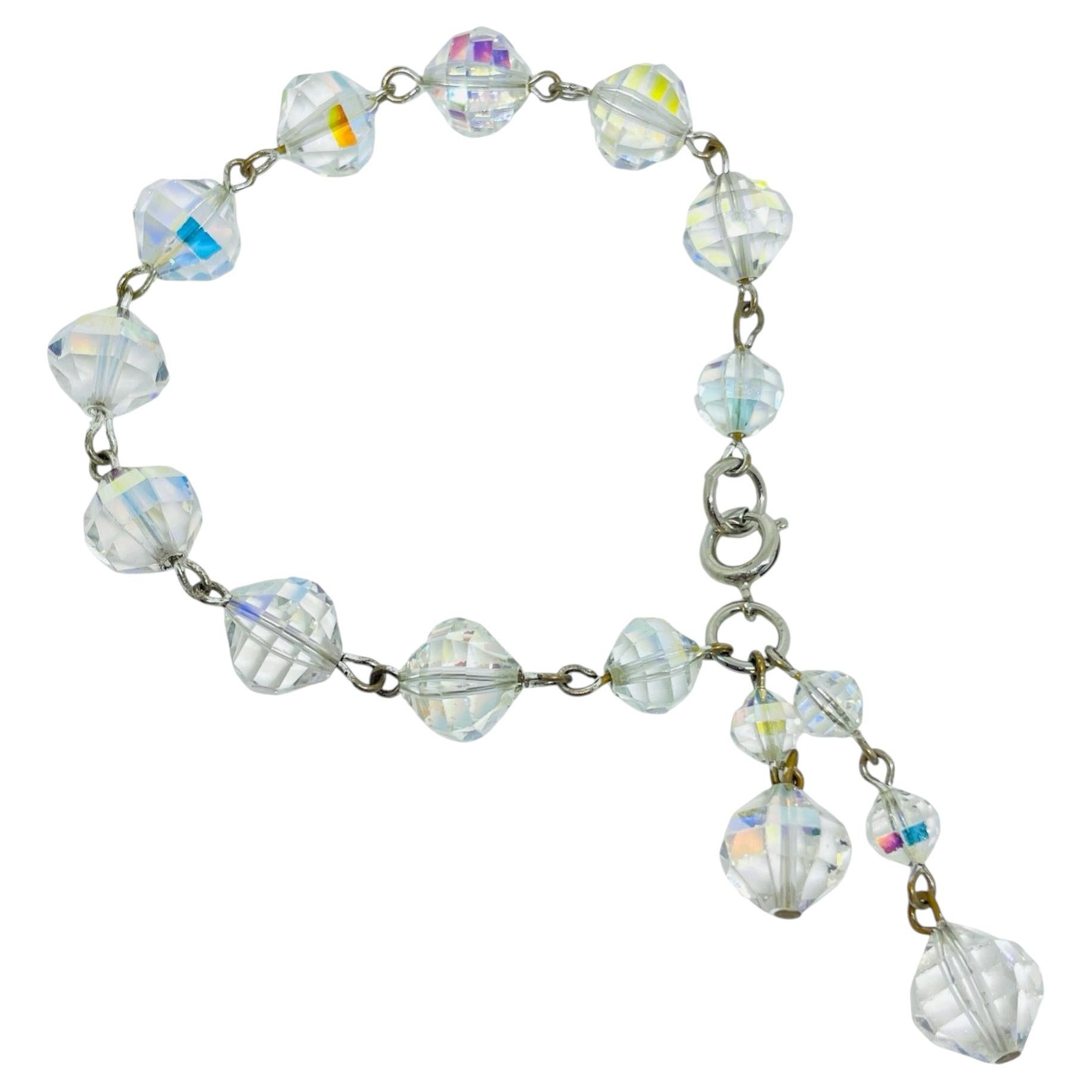 Vintage silver tone faceted aurora borealis crystal glass beaded bracelet For Sale