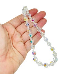 Vintage silver tone faceted aurora borealis crystal glass beaded necklace