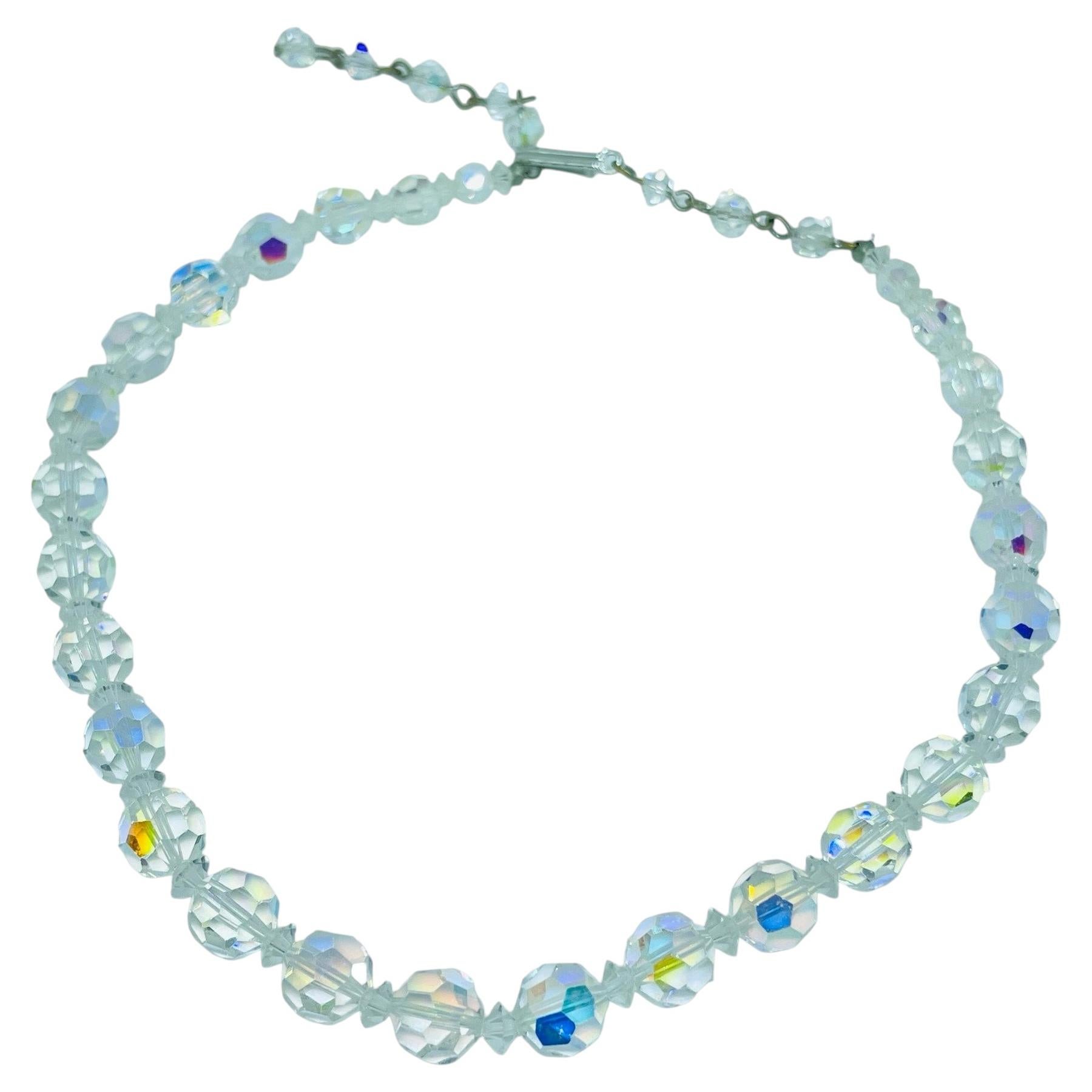 Vintage silver tone faceted aurora borealis crystal glass beaded necklace For Sale