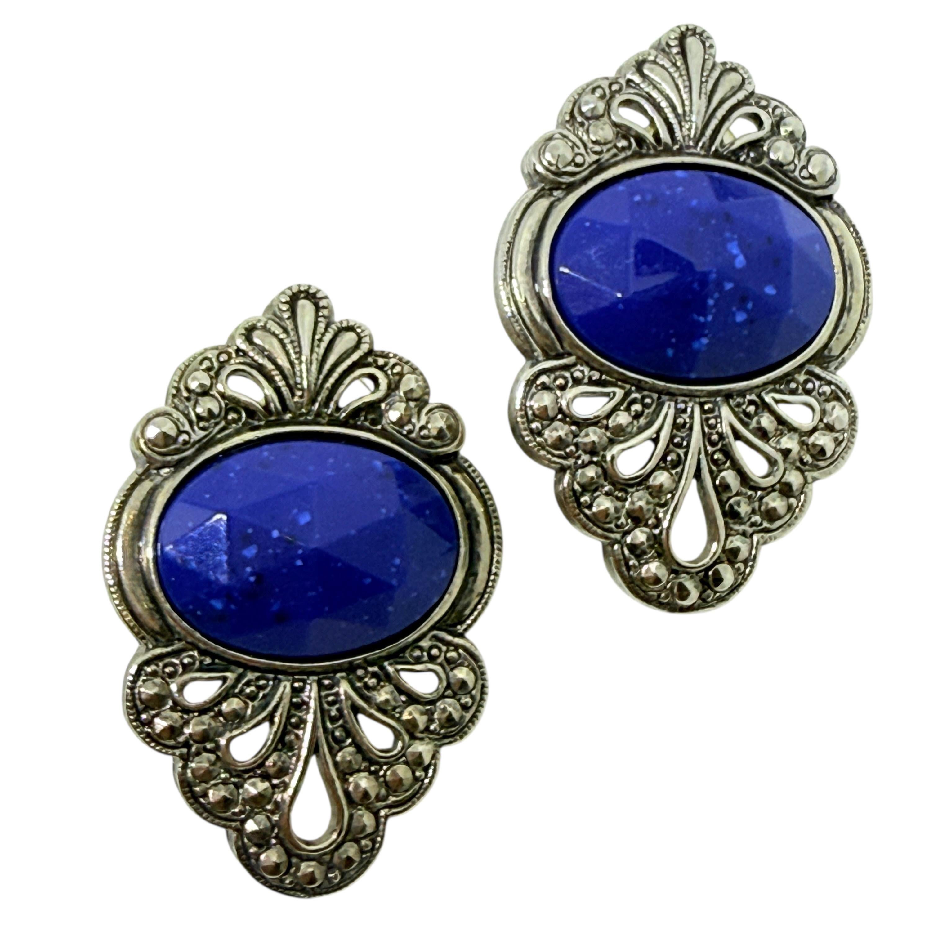 Pendientes vintage de diseño con piedras de imitación de lapislázuli en tono plateado en venta